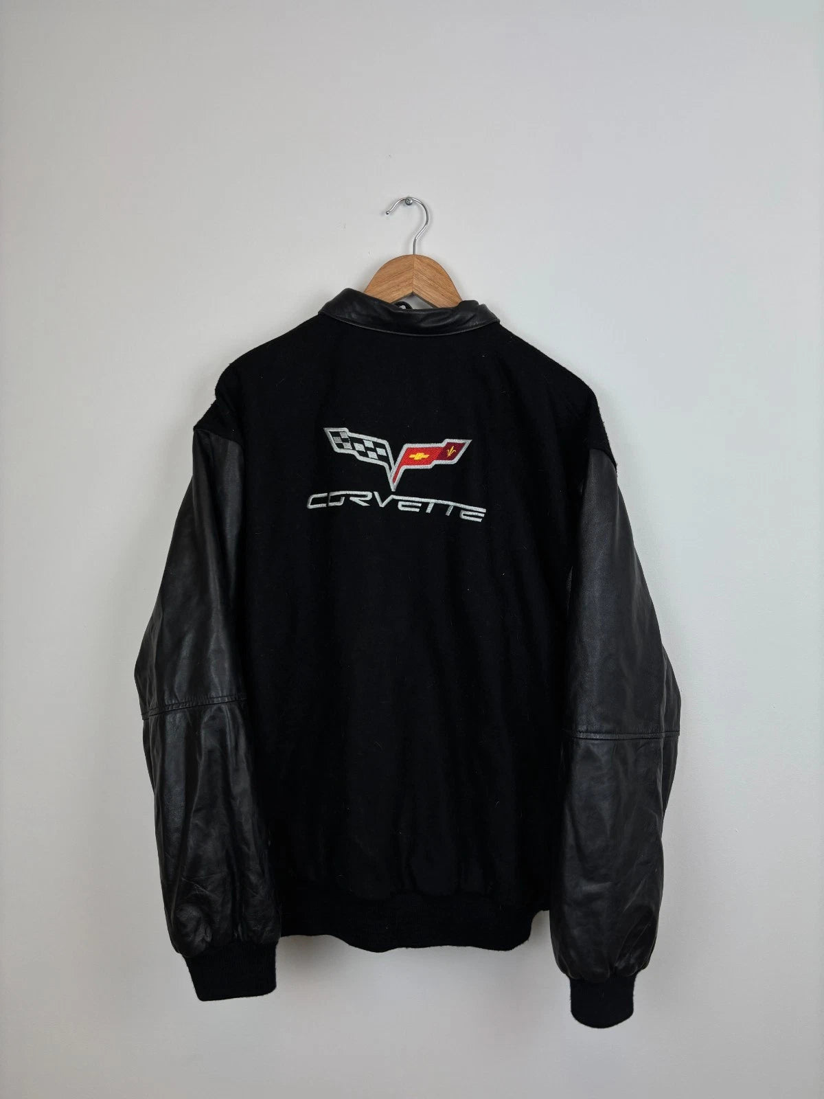 Vintage Corvette Varsity Jacket / Size XL / Black Wool & Leather Coat