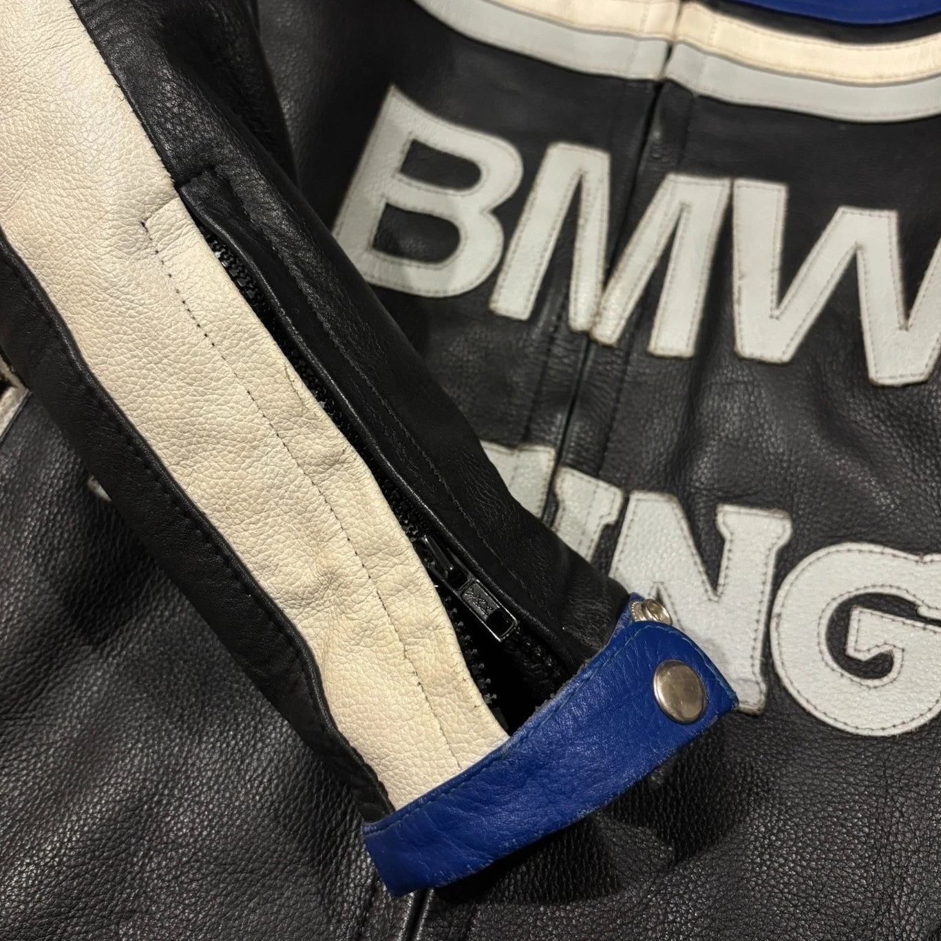 Vintage 1990s BMW Racing Leather Jacket - Moto Coat - Size Medium - Blue & Black