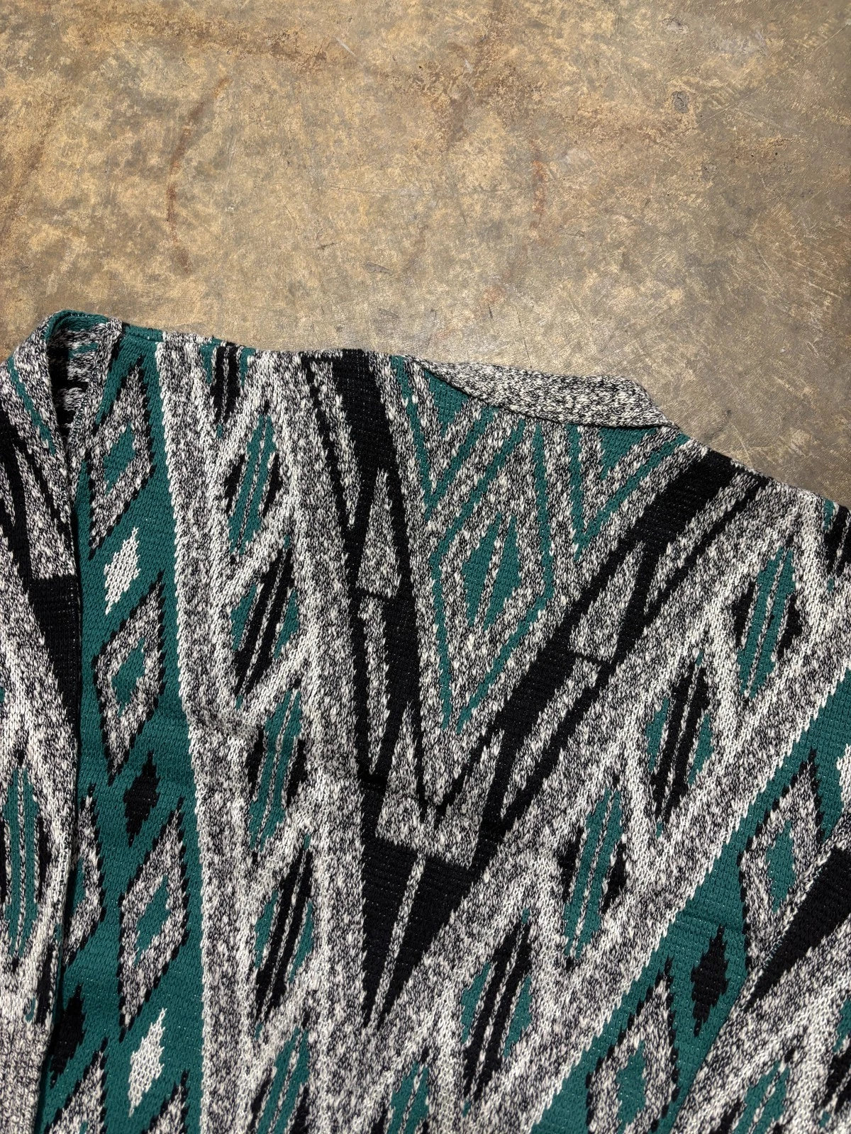 Vintage 1990s Knit Cardigan Sweater / Size Large / Gray & Turquoise / Button Up