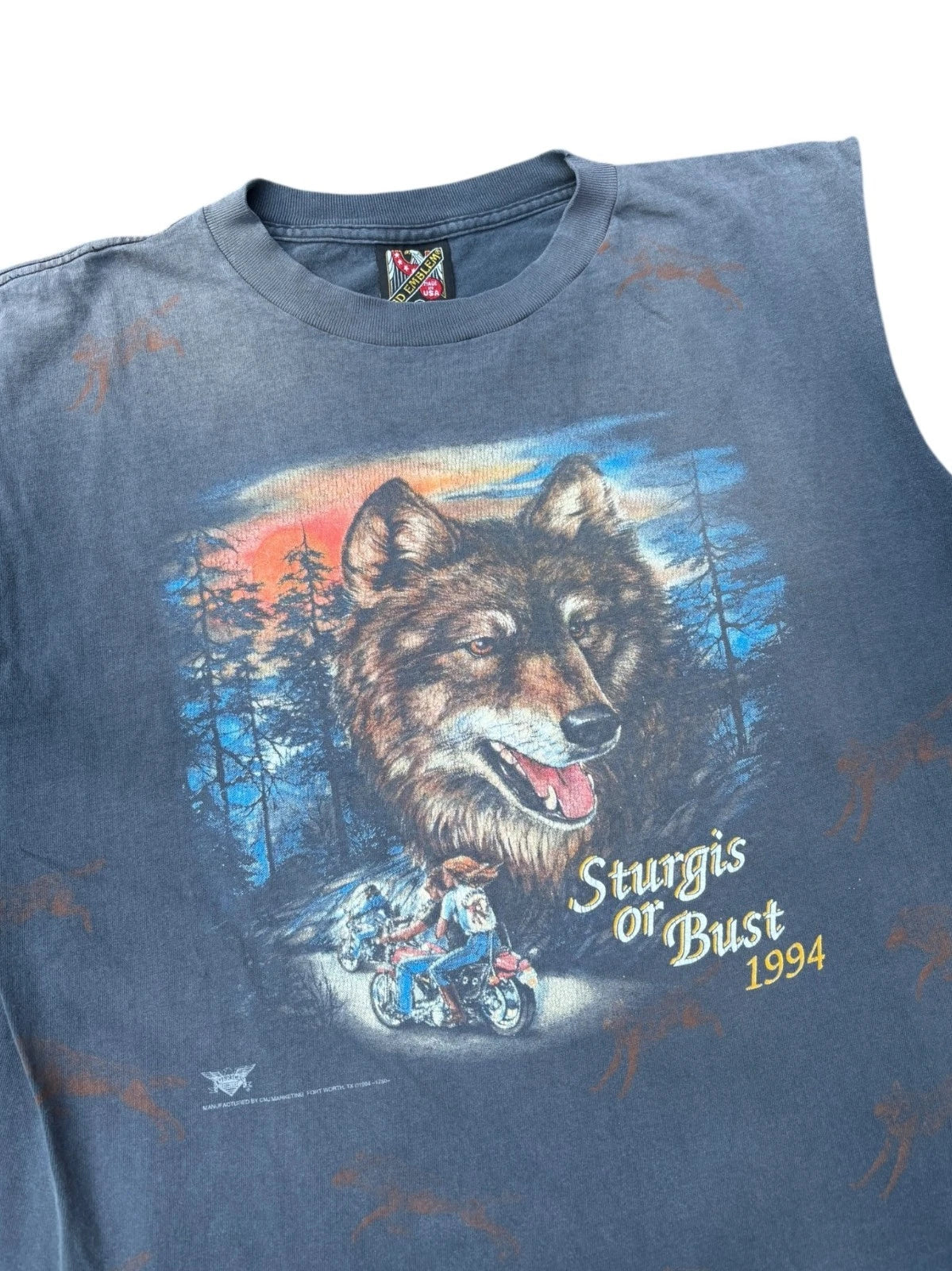 Vintage 1990s 3D Emblem Wolf Chopped T Shirt - Sturgis Tee - Large - Black