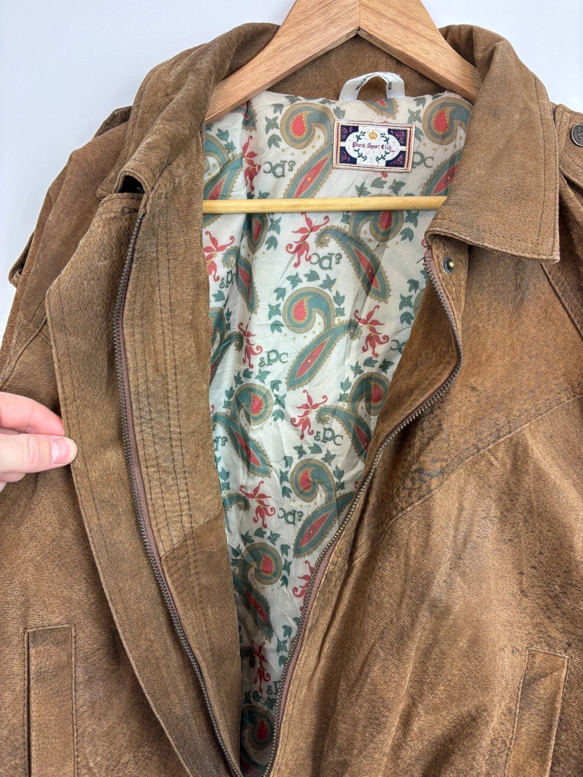 Vintage 1990s Brown Leather Jacket / Size Large / Paris Sport Club Aviator Coat