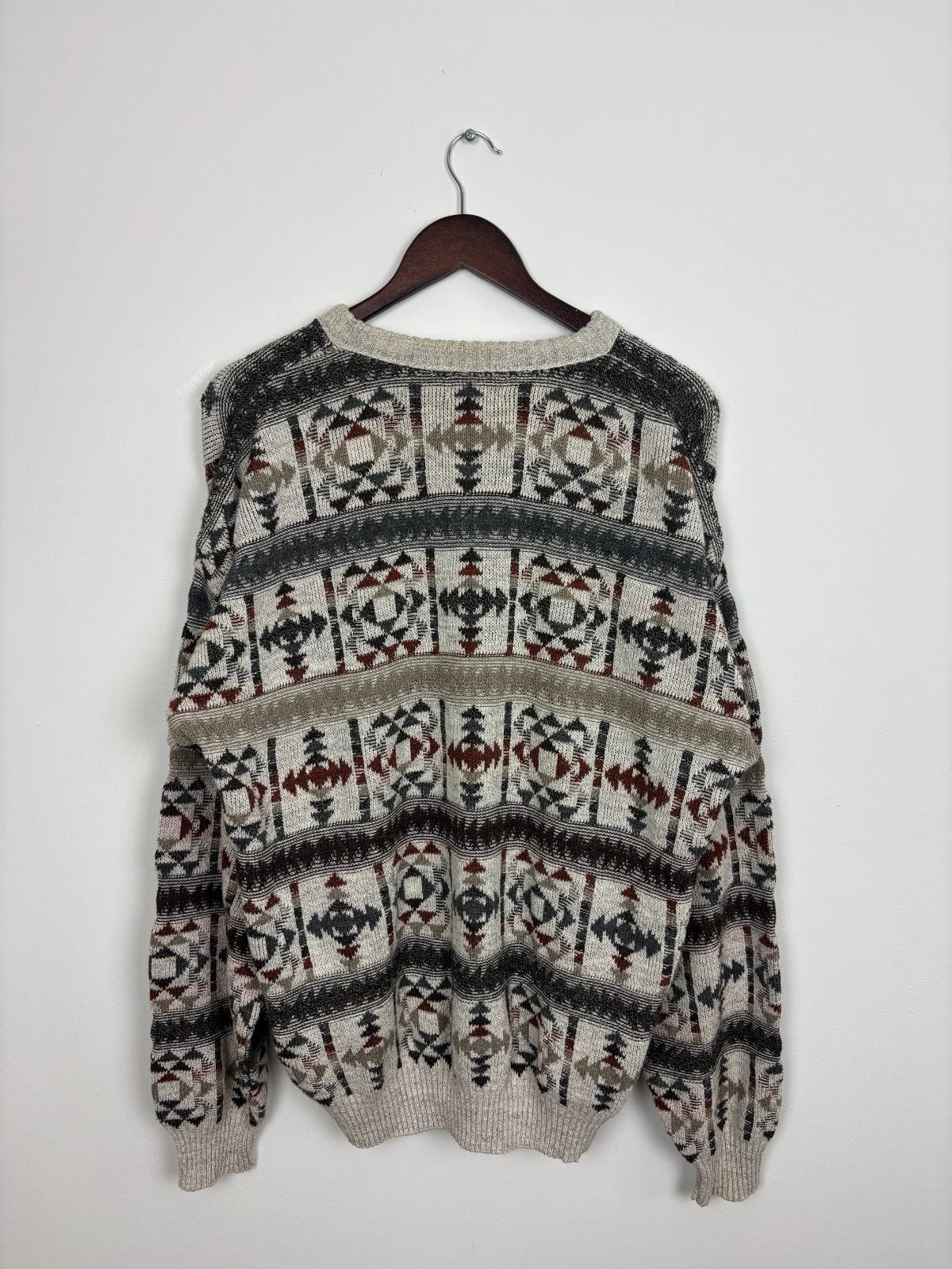 Vintage Beige Knit Sweater - Abstract Pattern - Size XL