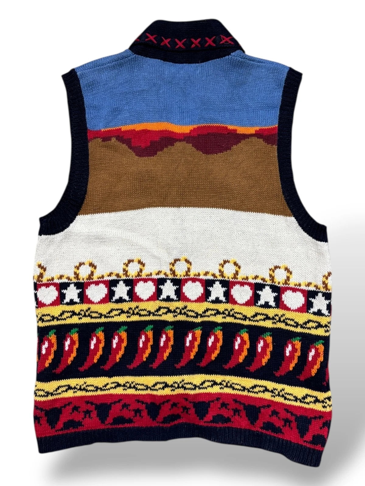 Vintage 1990s Hand Knit Sweater Vest - Western Cowboy Graphic - Medium - Red