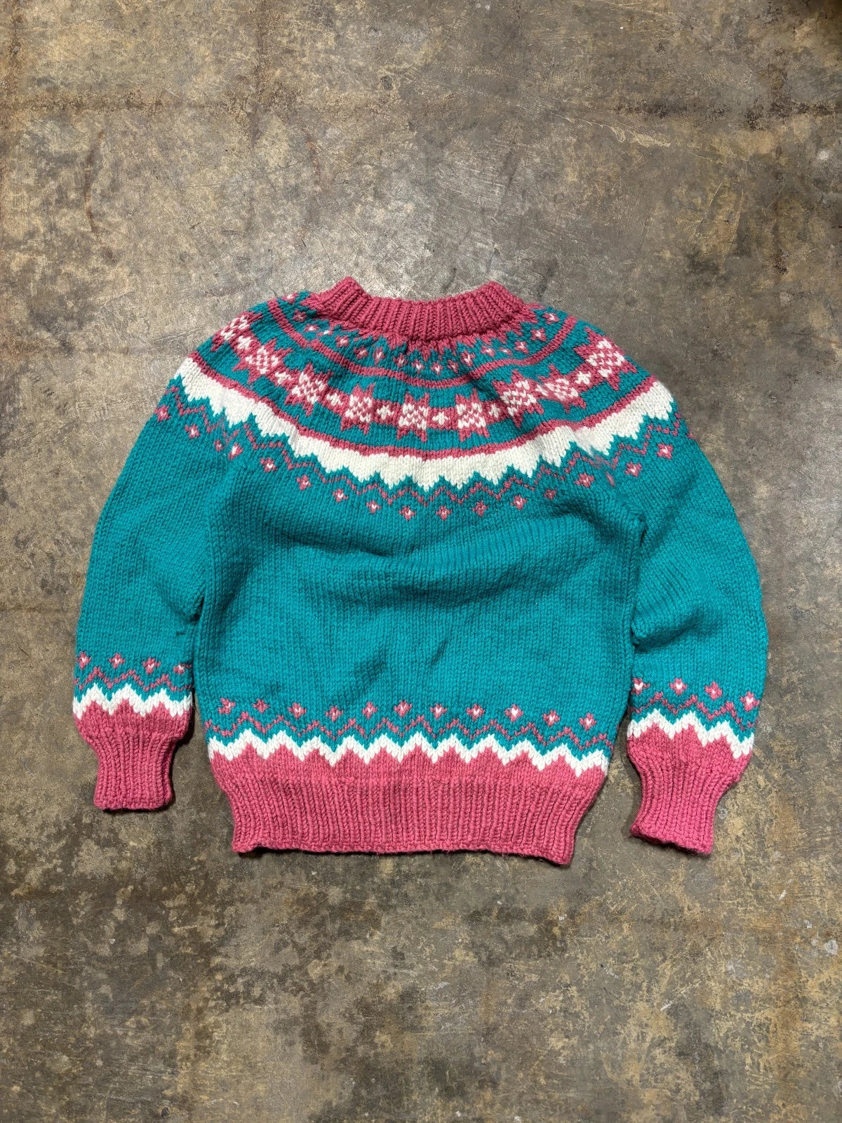 Vintage Hand Knit 100% Wool Easter Sweater / Size Medium / Blue & Pink