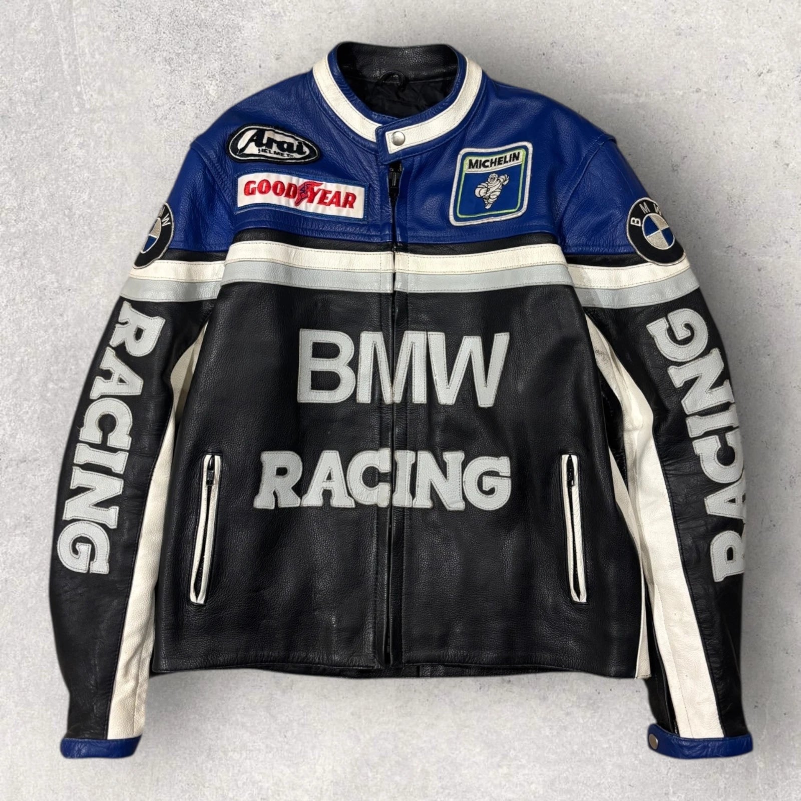 Vintage 1990s BMW Racing Leather Jacket - Moto Coat - Size Medium - Blue & Black
