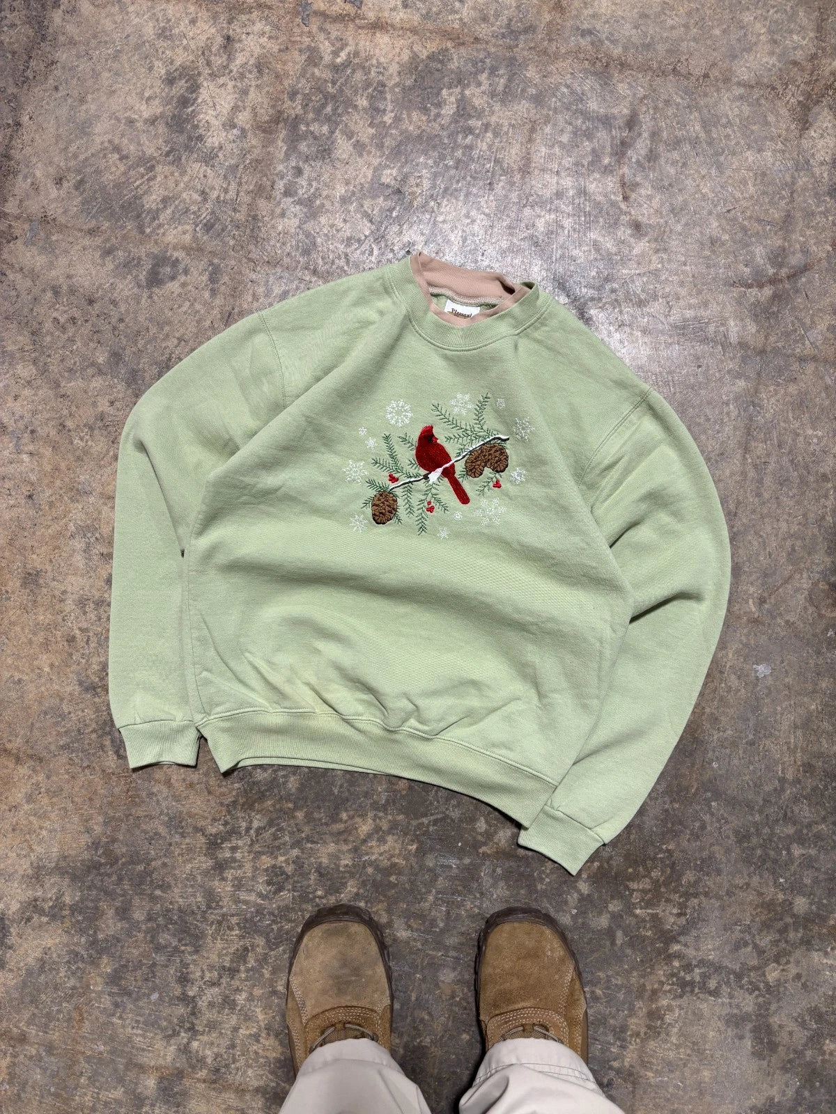 Vintage Cardinal Bird Sweatshirt - Winter Festive Sweater - Size Small - Green