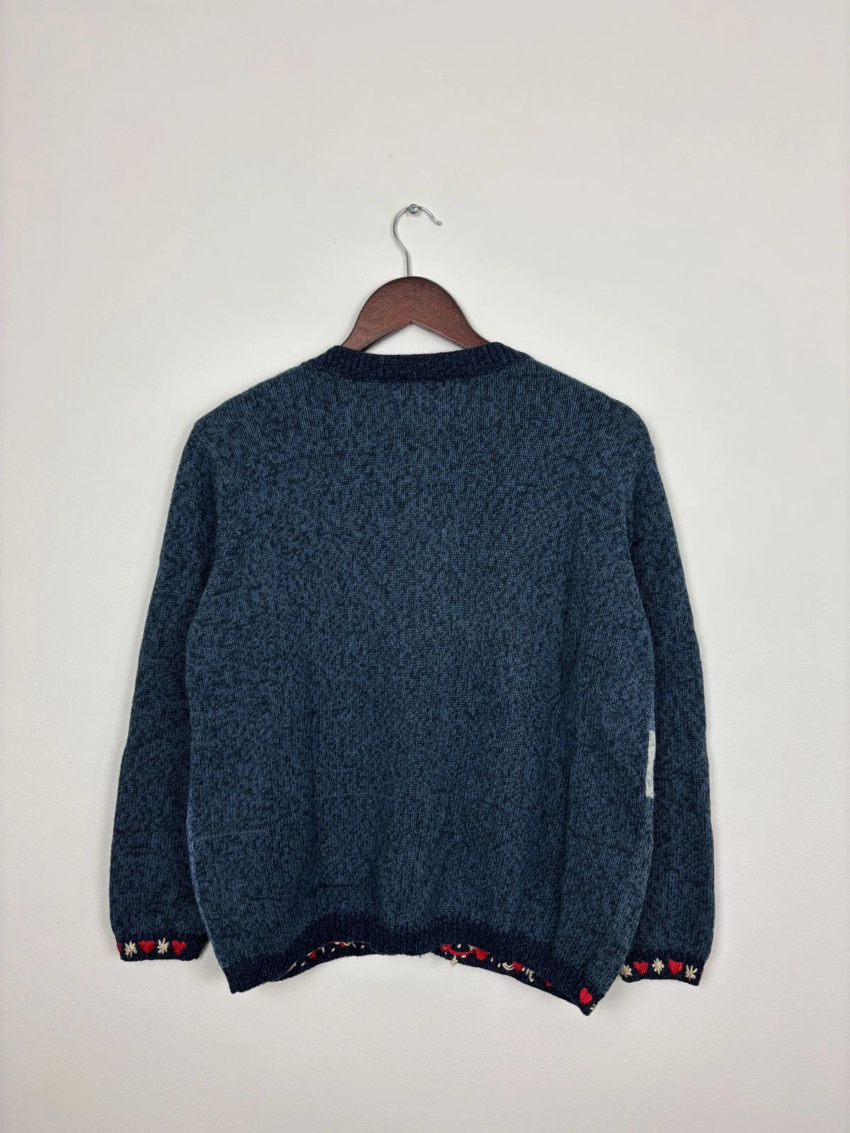 Vintage 1990s Blue Cute Hearts Knit Sweater - Grandma Button Up - Size Small