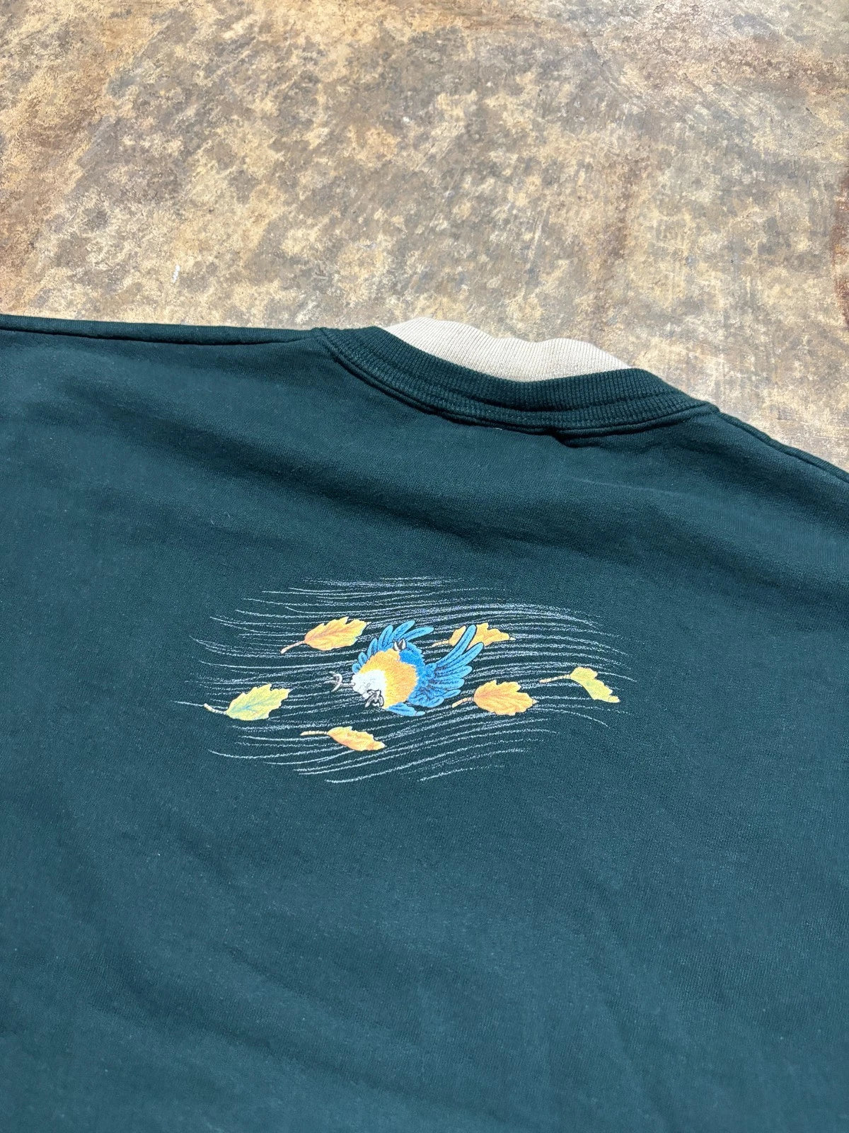 Vintage Blue Birds Sweatshirt - Animal Graphic Sweater - Size Large Forest Green