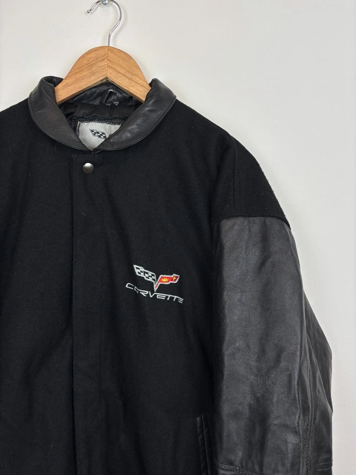 Vintage Corvette Varsity Jacket / Size XL / Black Wool & Leather Coat