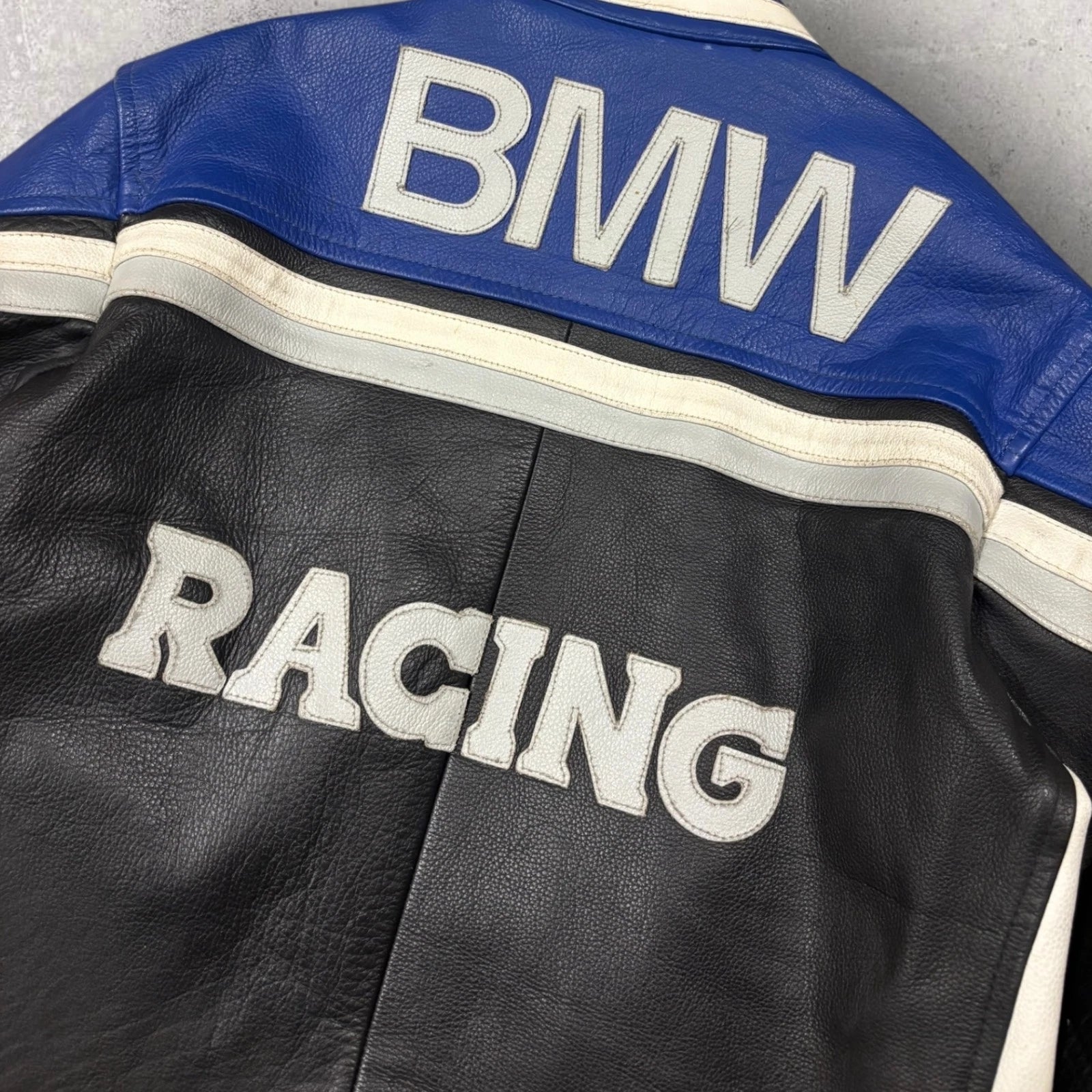 Vintage 1990s BMW Racing Leather Jacket - Moto Coat - Size Medium - Blue & Black