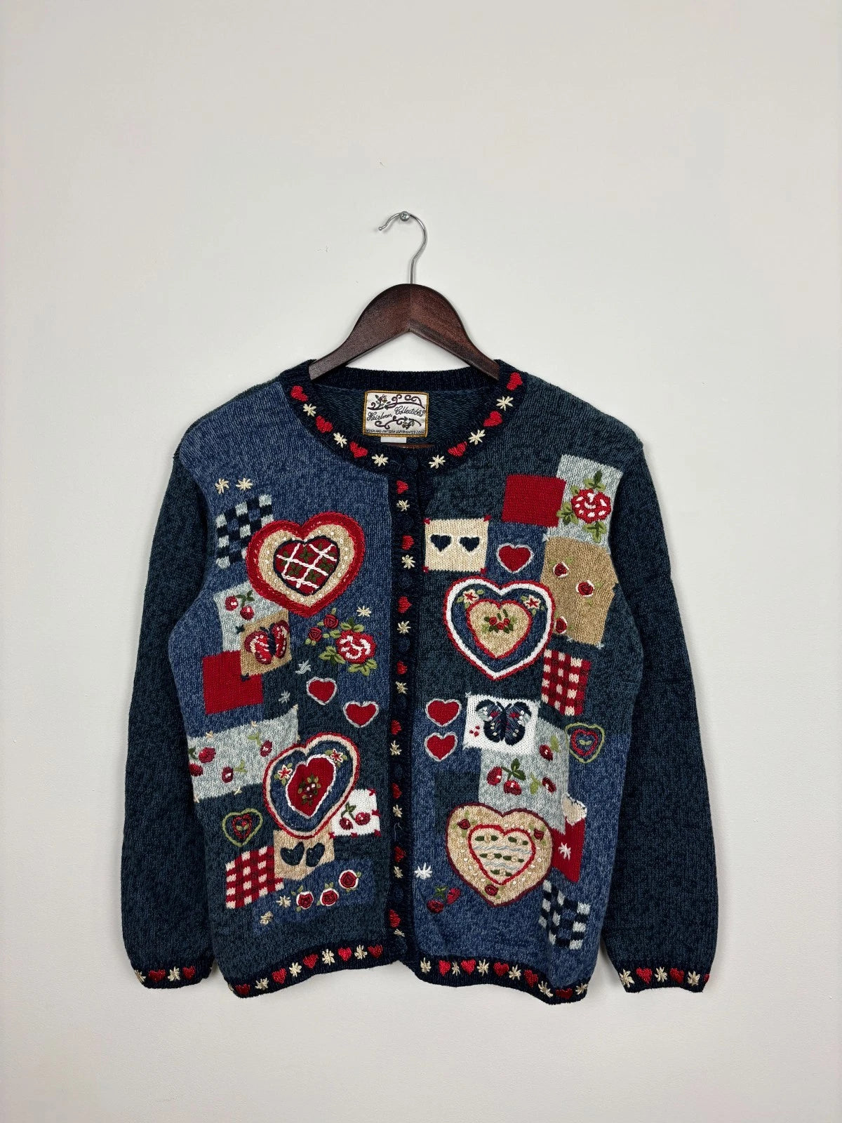 Vintage 1990s Blue Cute Hearts Knit Sweater - Grandma Button Up - Size Small