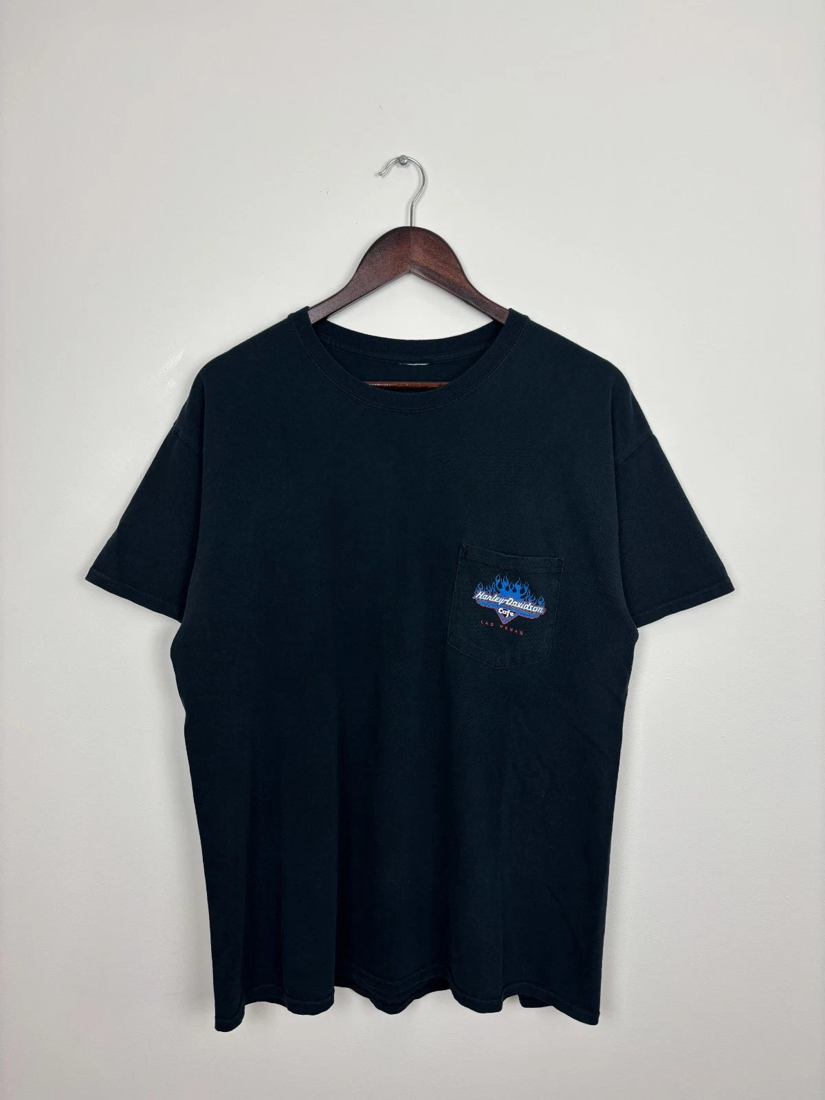 Vintage 1990s Black Harley Davidson Cafe T-Shirt - Blue Flame - Size XL