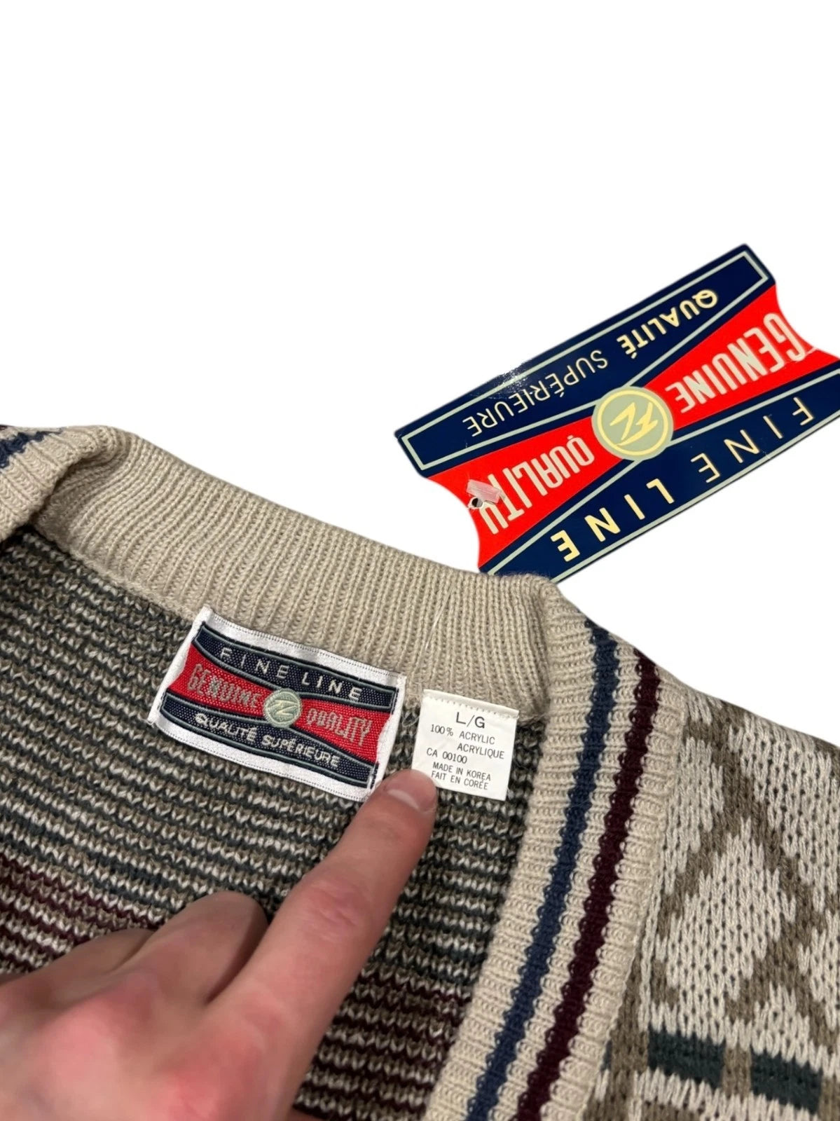 Vintage 1990s Patterned Cardigan Sweater - Large - Cream White - New With Tags