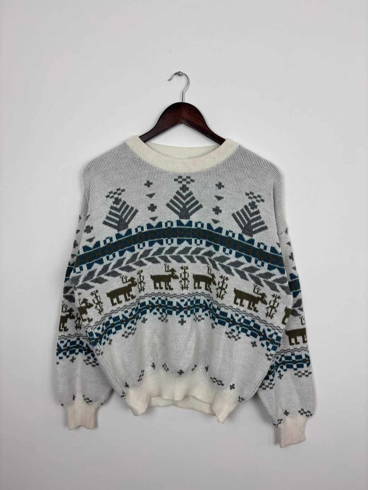 Vintage 1990s White Christmas Reindeer Knit Sweater - Size Small