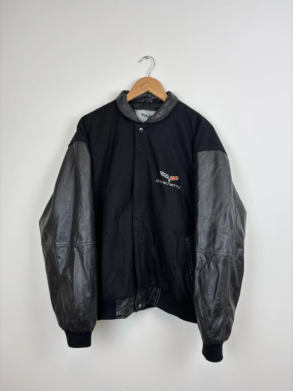 Vintage Corvette Varsity Jacket / Size XL / Black Wool & Leather Coat