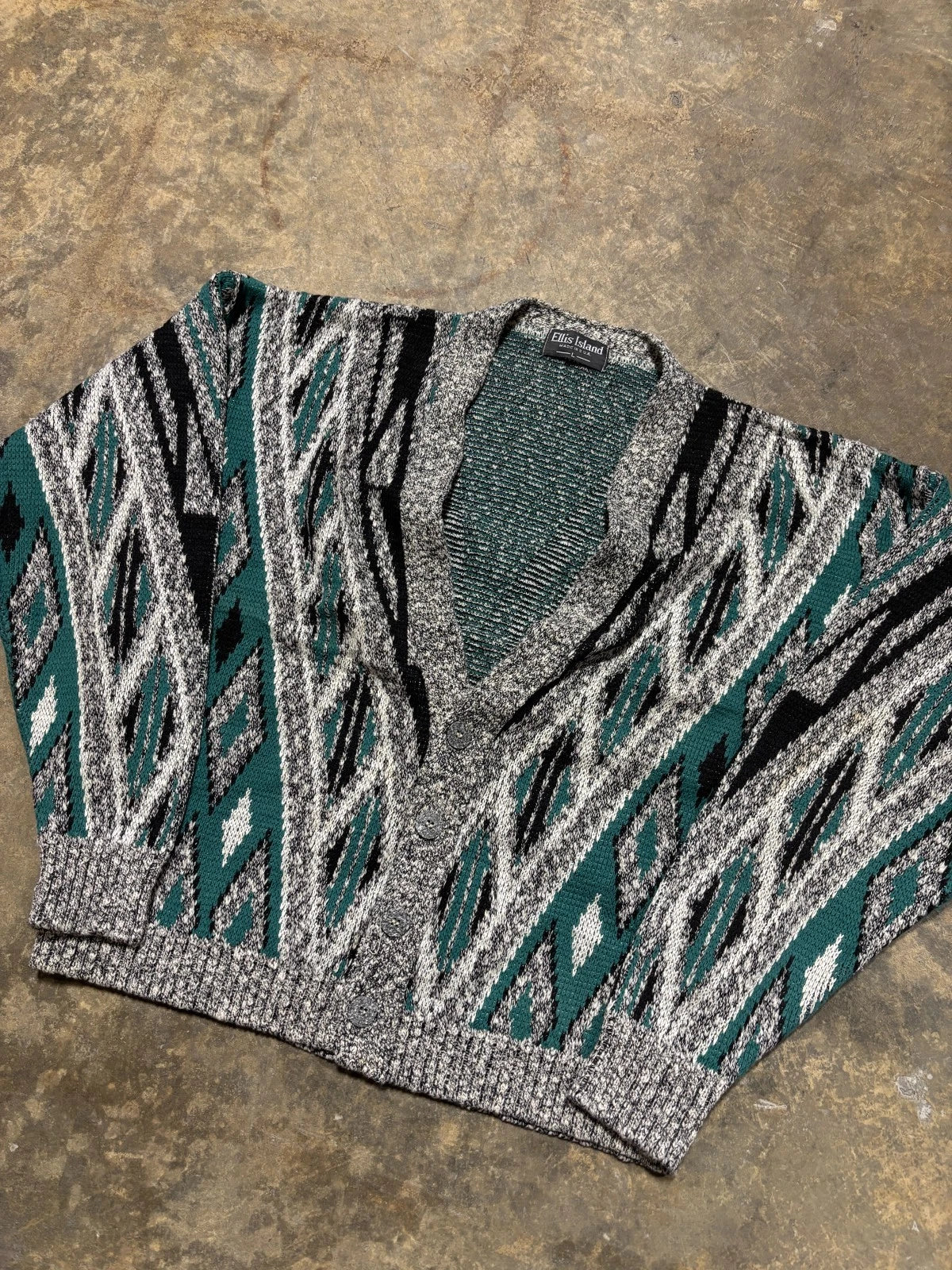 Vintage 1990s Knit Cardigan Sweater / Size Large / Gray & Turquoise / Button Up