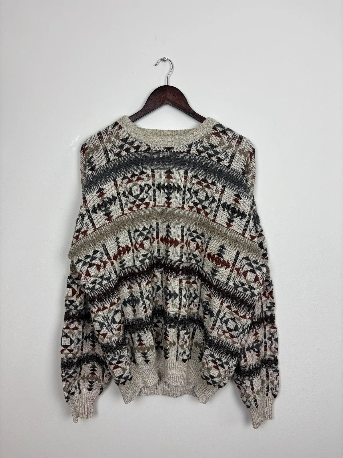 Vintage Beige Knit Sweater - Abstract Pattern - Size XL