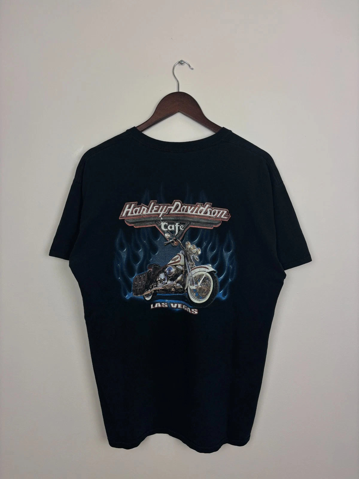 Vintage 1990s Black Harley Davidson Cafe T-Shirt - Blue Flame - Size XL