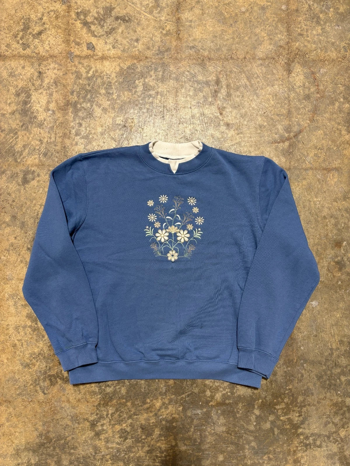 Vintage Flower Mock Neck Sweatshirt - Size Large - Blue