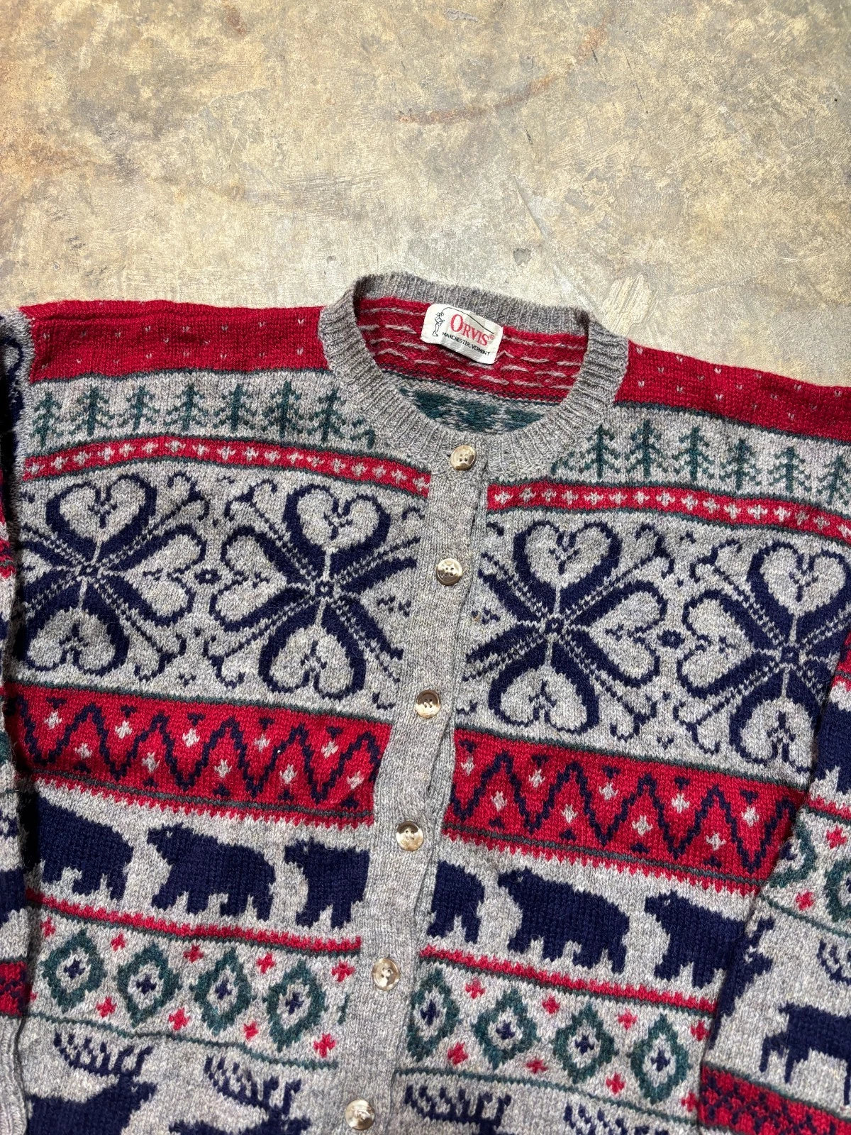 Vintage Orvis Wool Animal Cardigan Sweater / Size Medium / Red & Gray