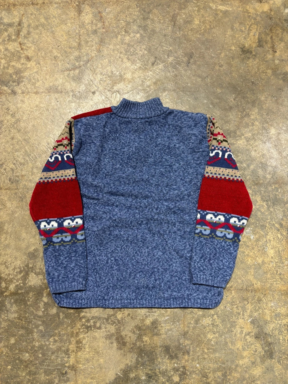 Vintage Heart Pattern Knit Sweater / Size Large / Blue & Red / Quarter Zip
