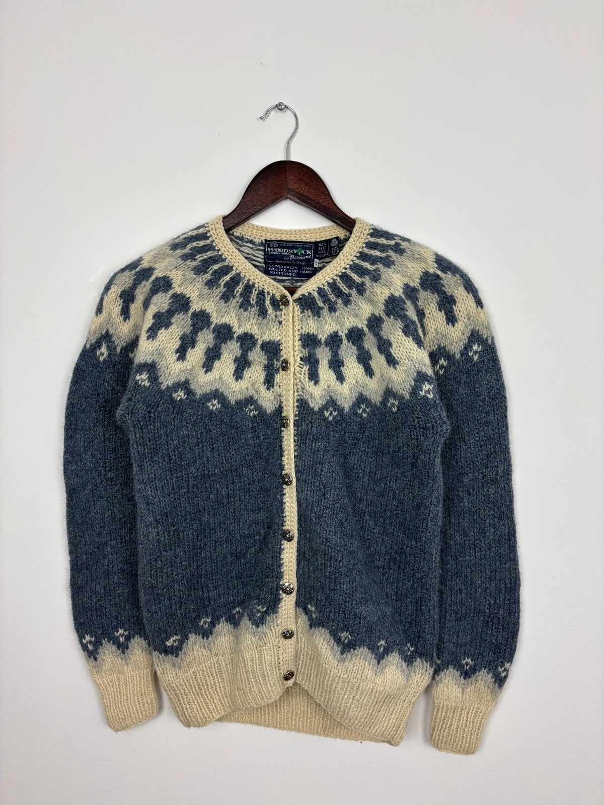 Vintage 1990s Blue Pure Wool Hand Knit Sweater - Size Small