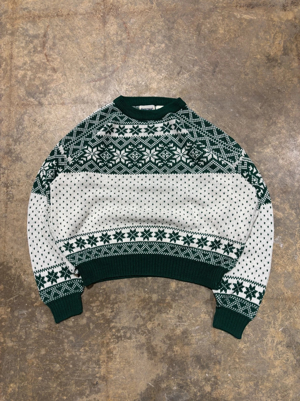 Vintage Puritan Pullover Knit Sweater / Size Medium / Green & White / Cozy Warm