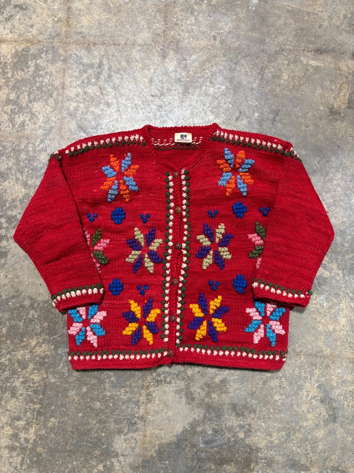 Vintage Golden Valley Hand Knit Wool Cardigan Sweater / Size Large / Red