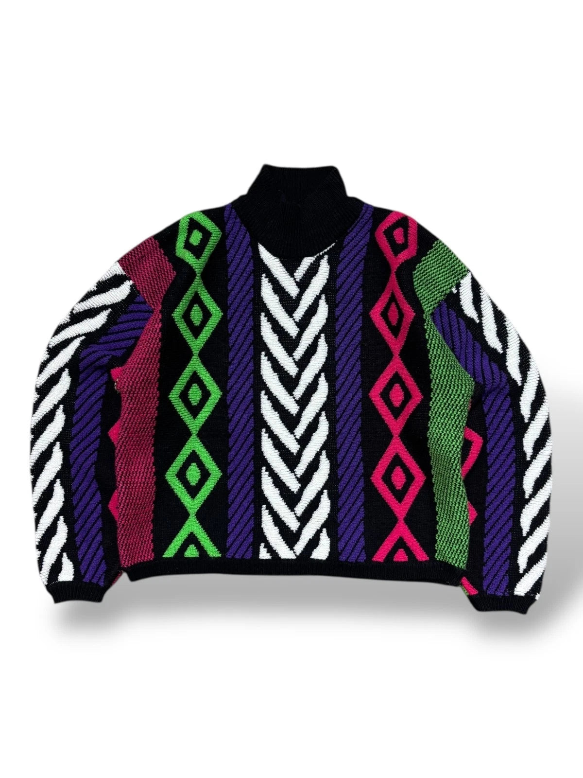 Vintage 1980s Cropped Neon Abstract Knit Sweater - Large - Multi Color