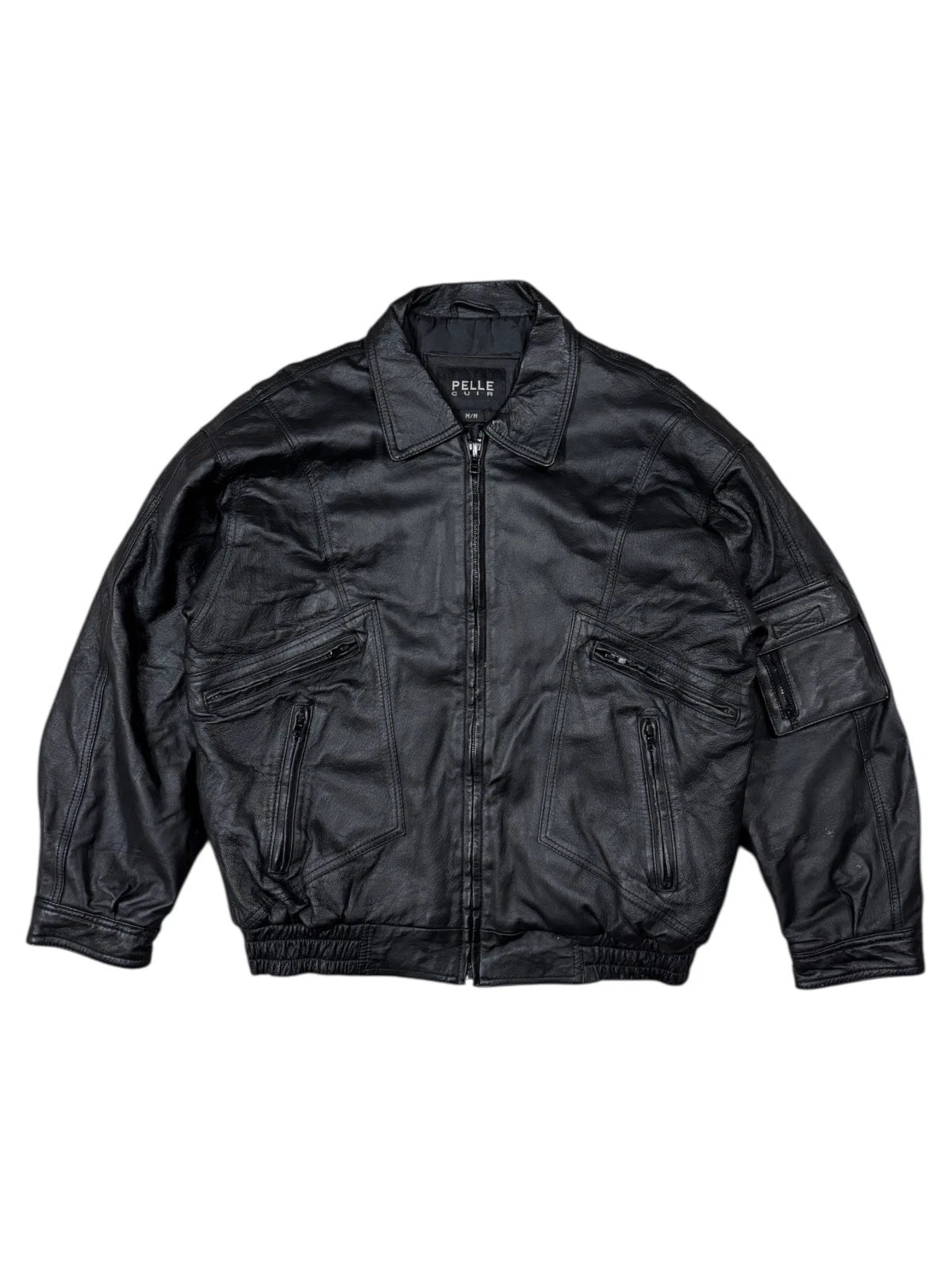 Vintage Pelle Cuir Black Leather Jacket - Size Medium - Bomber Style Coat