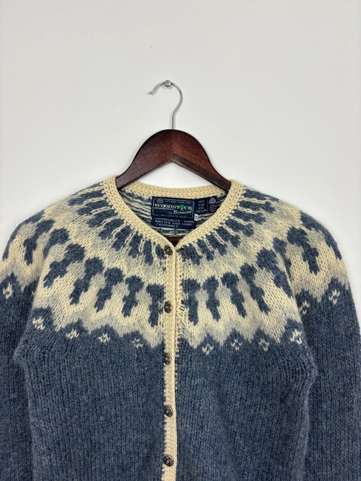 Vintage 1990s Blue Pure Wool Hand Knit Sweater - Size Small