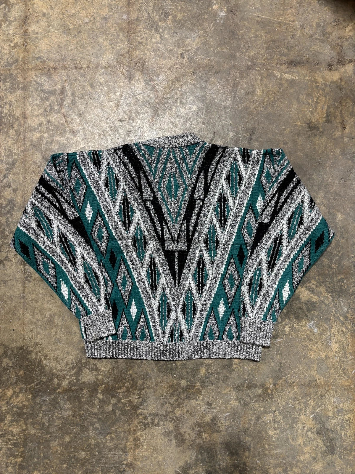 Vintage 1990s Knit Cardigan Sweater / Size Large / Gray & Turquoise / Button Up