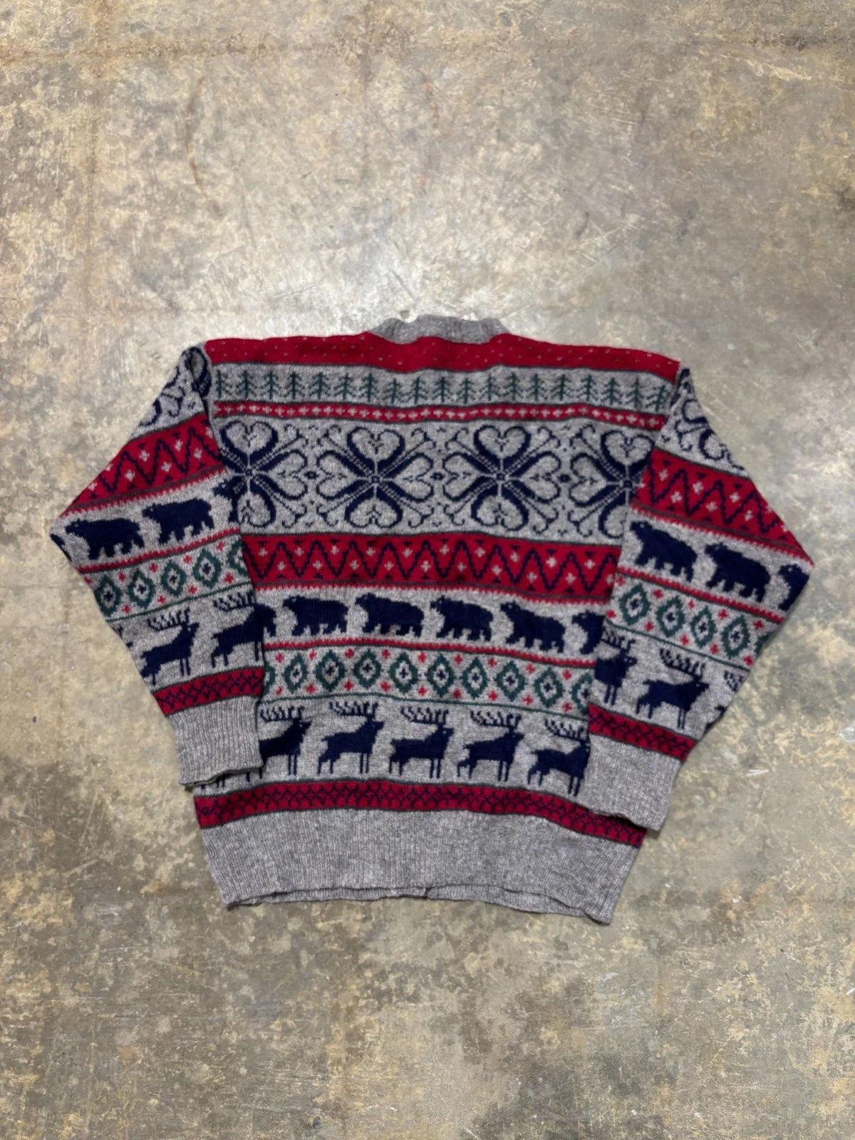 Vintage Orvis Wool Animal Cardigan Sweater / Size Medium / Red & Gray